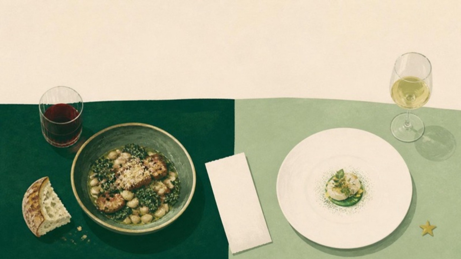 Illustration of two tables side by side: a hearty bistro bowl with bread and red wine, and a refined tasting course with a gold star.