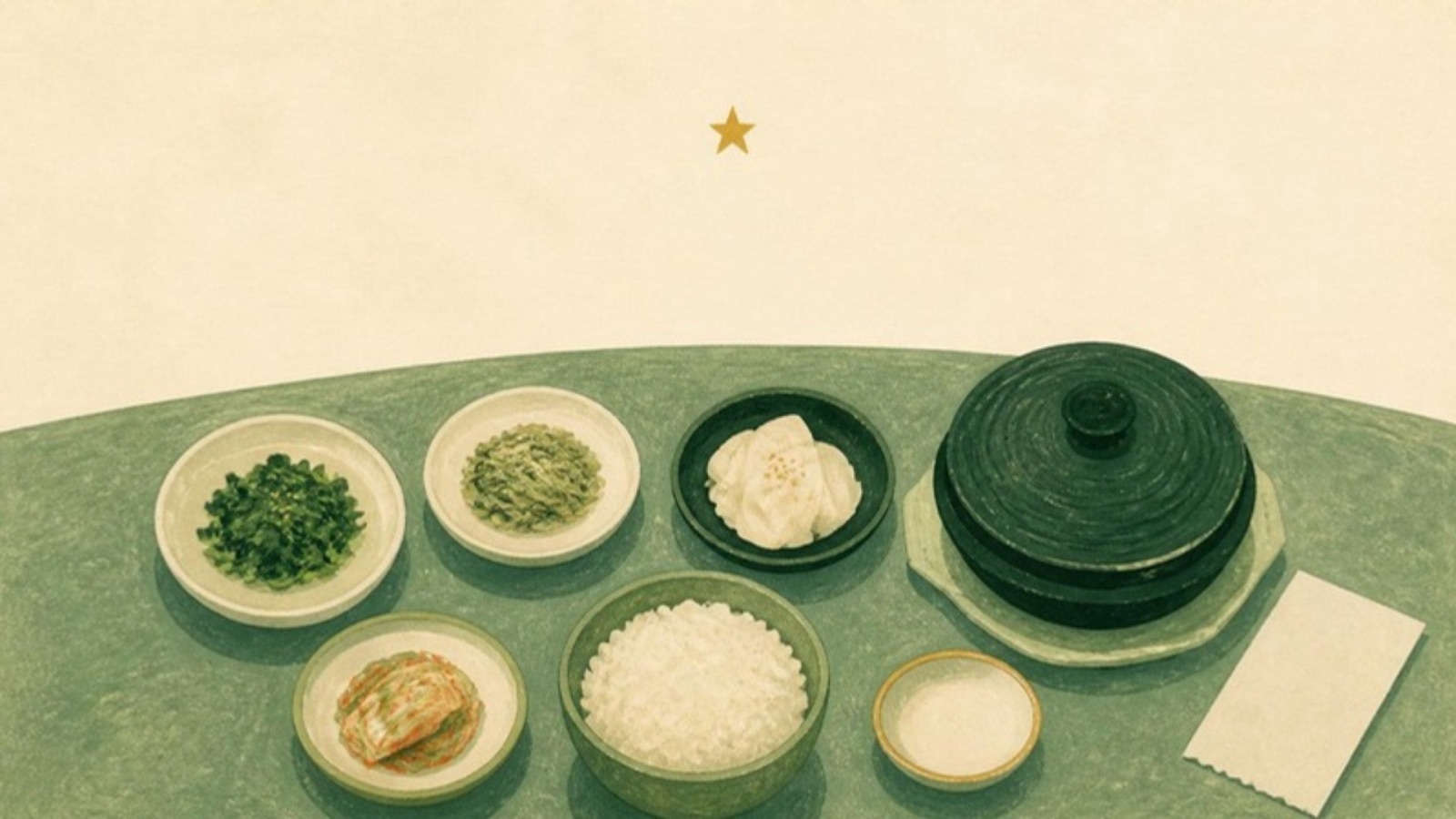 Illustration of a Korean lunch table with small side dishes, rice and a stoneware pot, with one gold star above.