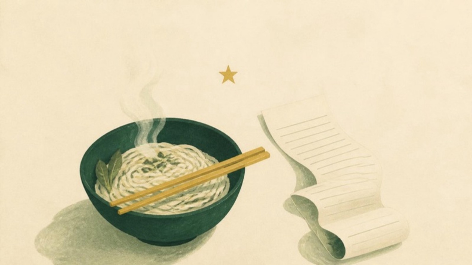 Illustration of a steaming bowl of noodles on a small cream table beside a long paper till receipt, with one gold star above.