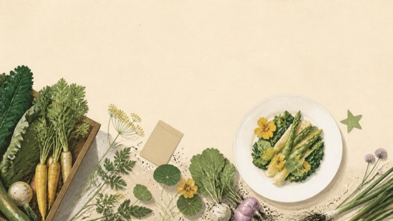 Illustration of a kitchen-garden table: fresh vegetables, herbs and edible flowers beside a plated vegetable dish and a small green star.