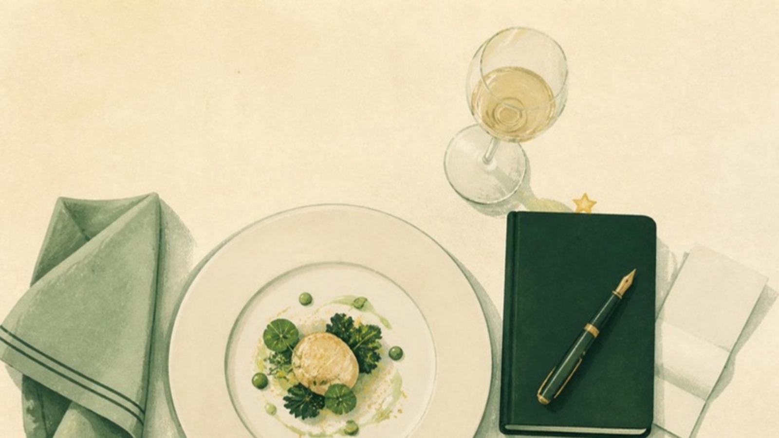 Illustration of an inspector's table for one: a plated course, a wine glass and a dark green notebook with a fountain pen.