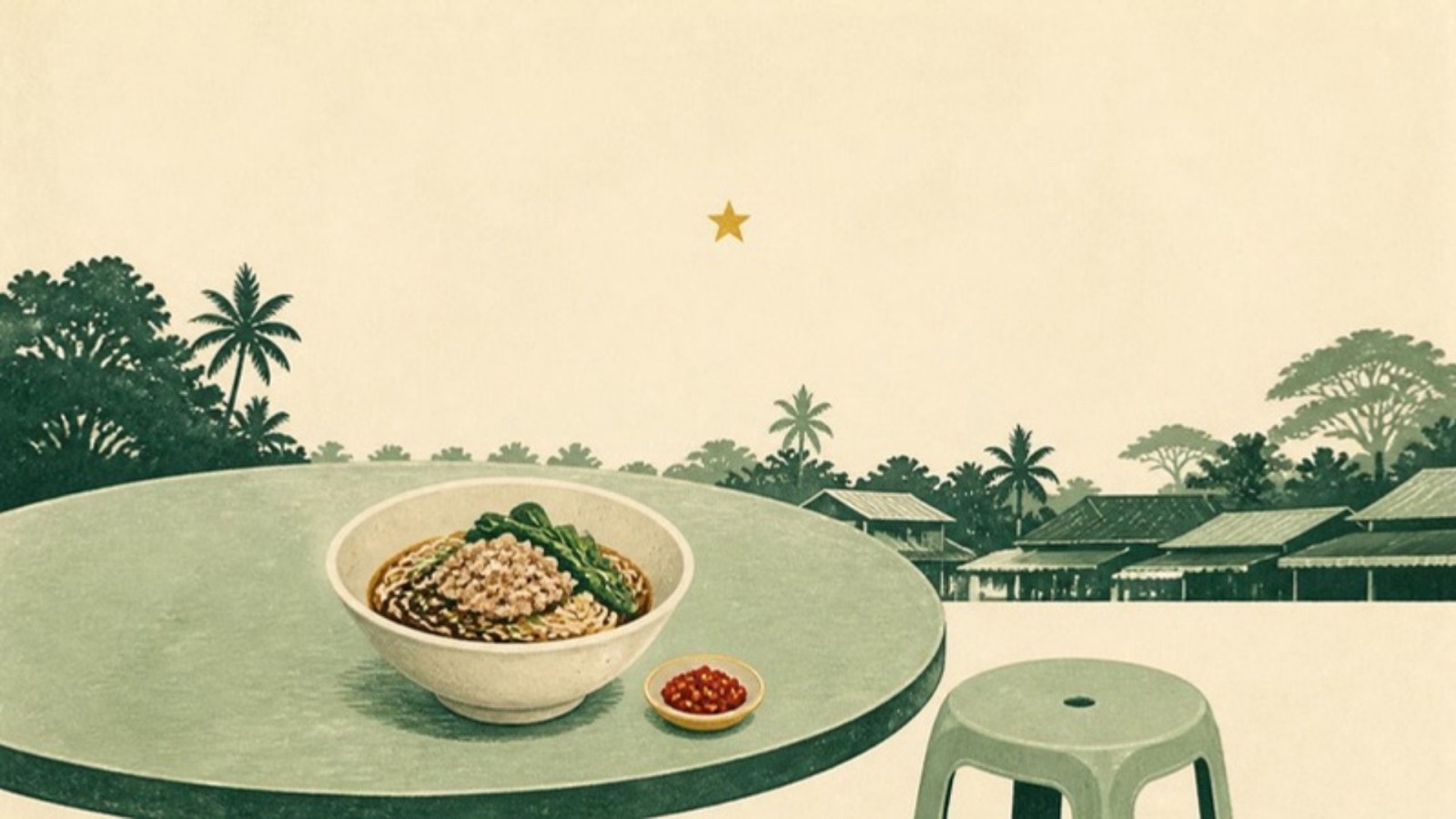 Illustration of a bowl of minced pork noodles on a hawker-centre table, with a plastic stool and a single gold star above.