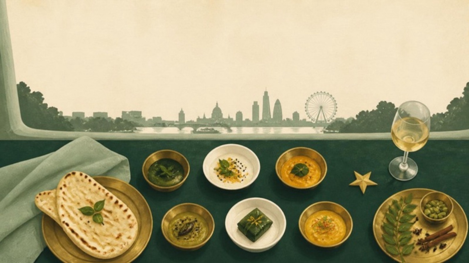Illustration of a modern Indian tasting menu in small brass bowls, with naan and spices, and the London skyline through the window.