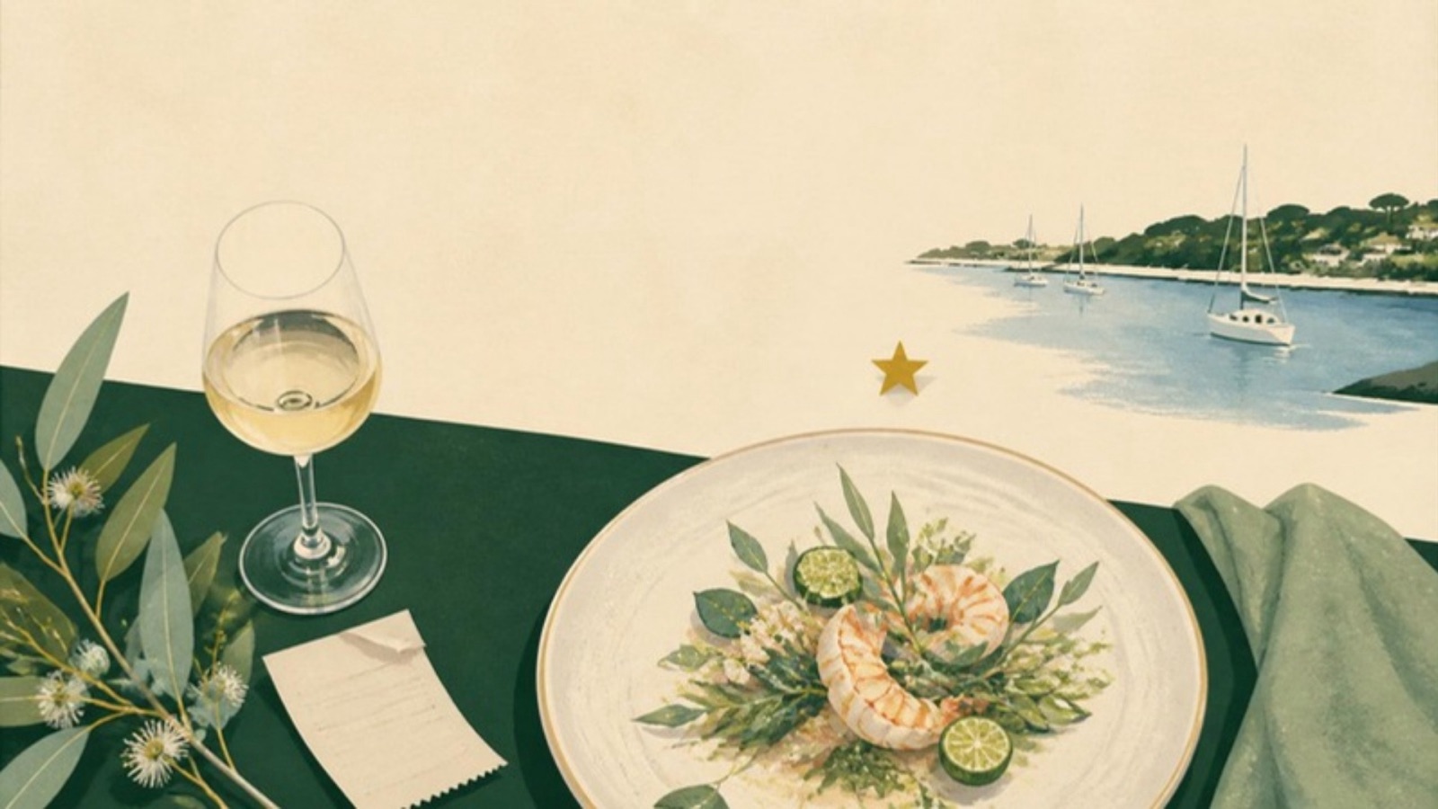 Illustration of a seaside table in Australia: a seafood dish with native herbs, a glass of white wine and a harbour with sailing boats.
