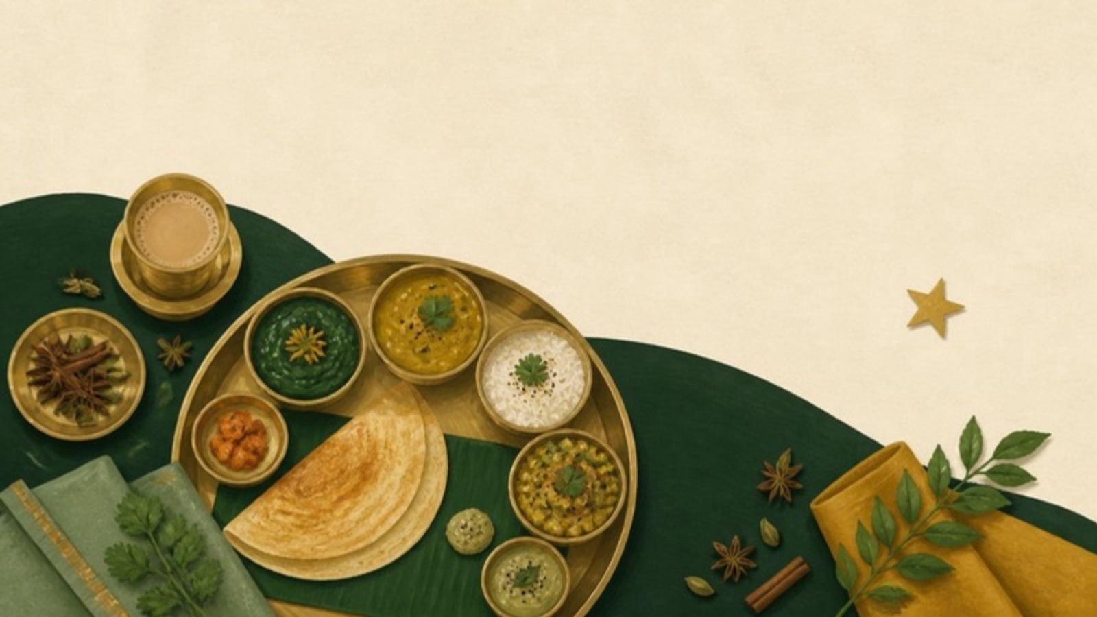 Illustration of a refined Indian thali in brass bowls with a dosa, spices and chai, and a gold star waiting to the side.
