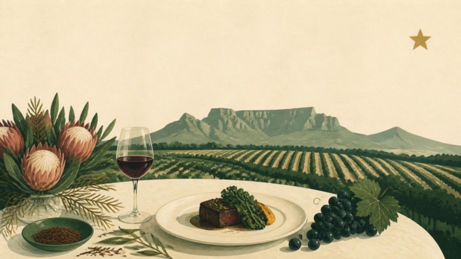 Illustration of a winelands table in South Africa: a plated dish, red wine, grapes and proteas, with vineyards and Table Mountain beyond.
