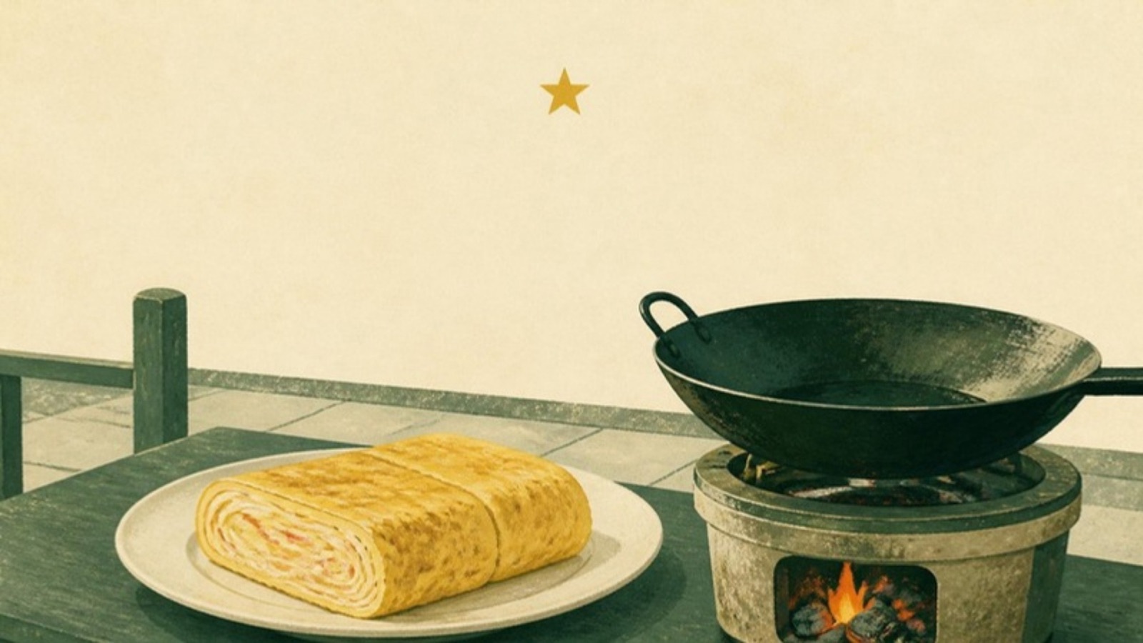 Illustration of a golden crab omelet on a plate beside a charcoal wok, with a single gold star above.