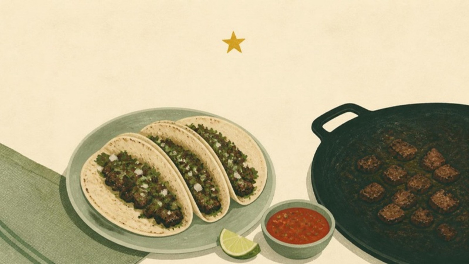 Illustration of three soft corn tacos on a small plate beside a hot griddle, with a single gold star above.