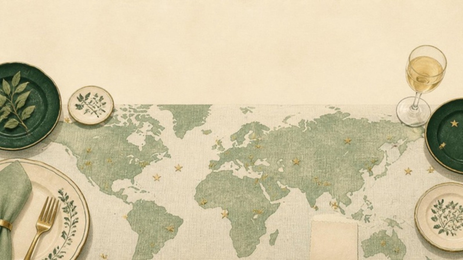 Illustration of a world-map tablecloth with small plates and a wine glass laid around it.
