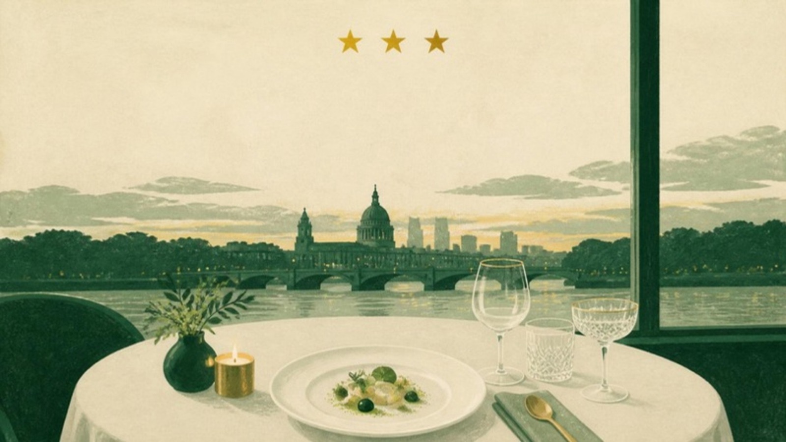 Illustration of a fine-dining table by a window at dusk, with the London skyline and river outside and three gold stars above.