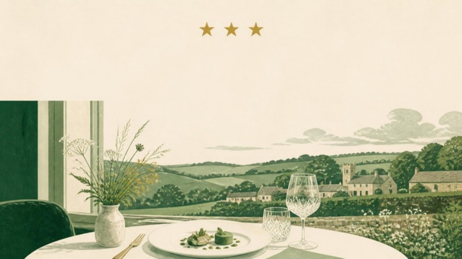 Illustration of a countryside dining room in Britain, a tasting course on the table and rolling green hills through the window, with three gold stars above.