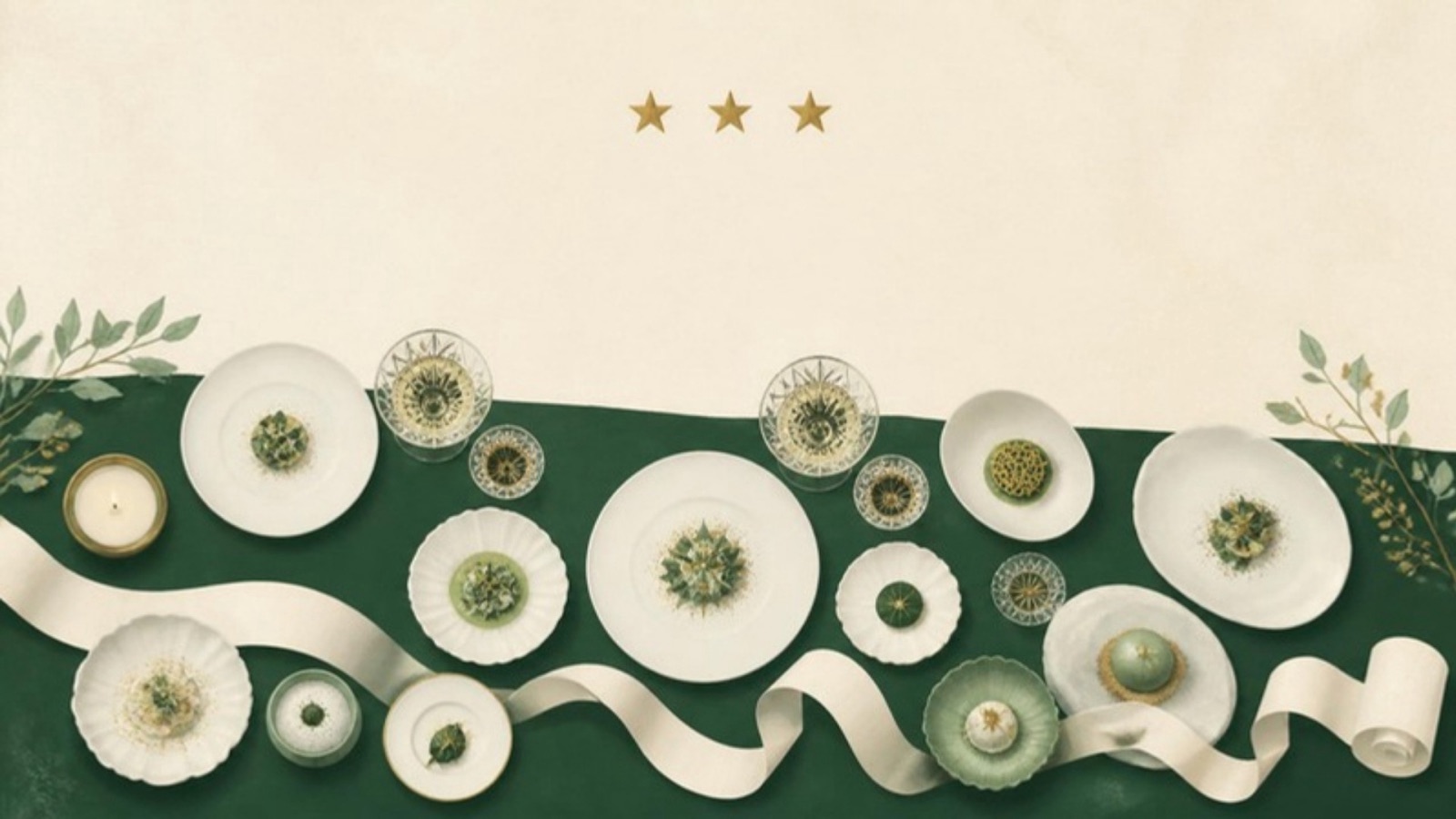 Illustration of a grand tasting menu of many small courses laid out across a table, with a long paper receipt and three gold stars above.