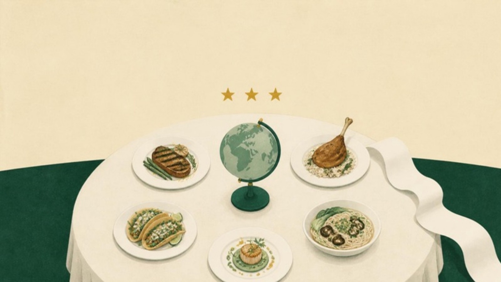 Illustration of a globe on a cream tablecloth surrounded by small plated tasting courses, with a long paper receipt and three gold stars above.