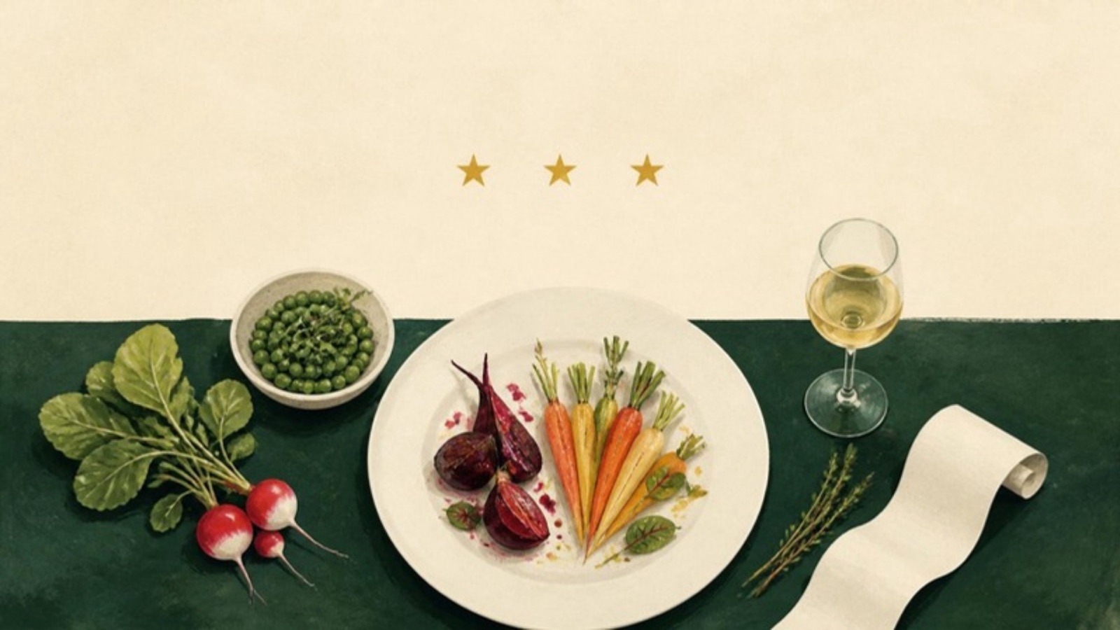Illustration of a fine-dining table seen from above, with a plated course of roasted beetroot and heirloom carrot, garden peas, radishes, a glass of white wine and a paper bill beneath three gold stars.