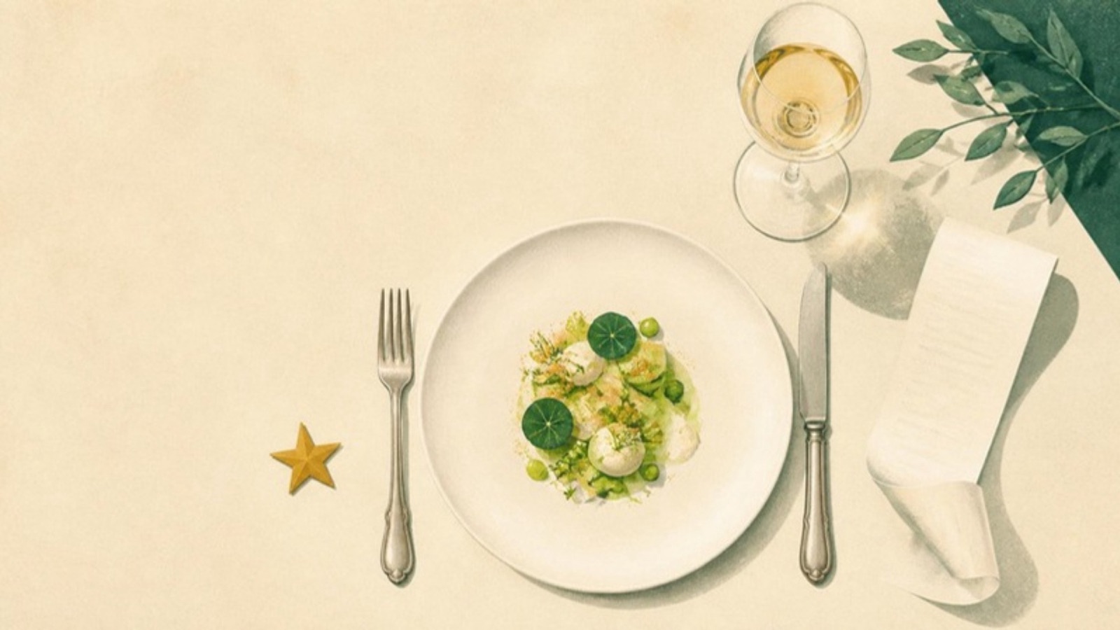 Illustration of a fine-dining table from above: a plated tasting course, a glass of white wine, cutlery and a single gold star beside the plate.